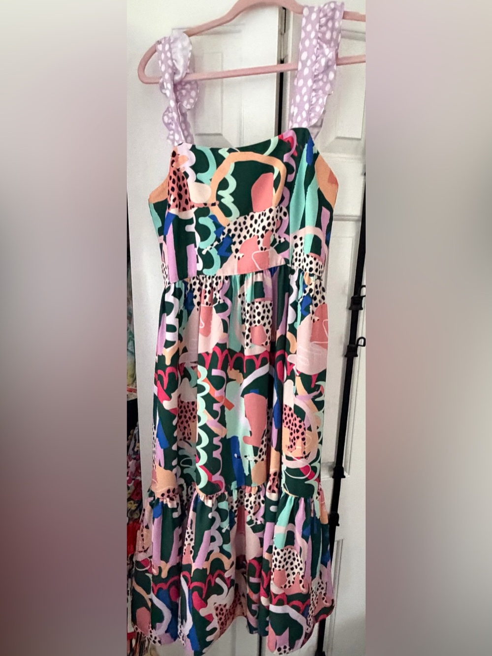 CROSBY by Mollie Burch Multicolor Abstract Midi Dress with Lilac Straps